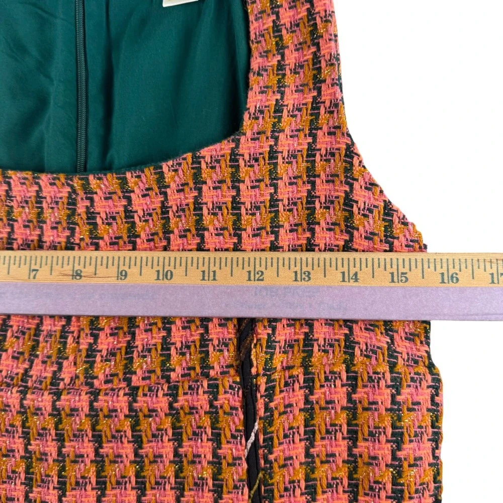 Maeve Anthropologie Pink Orange Houndstooth Tweed Shift Dress Square Neck Size 0